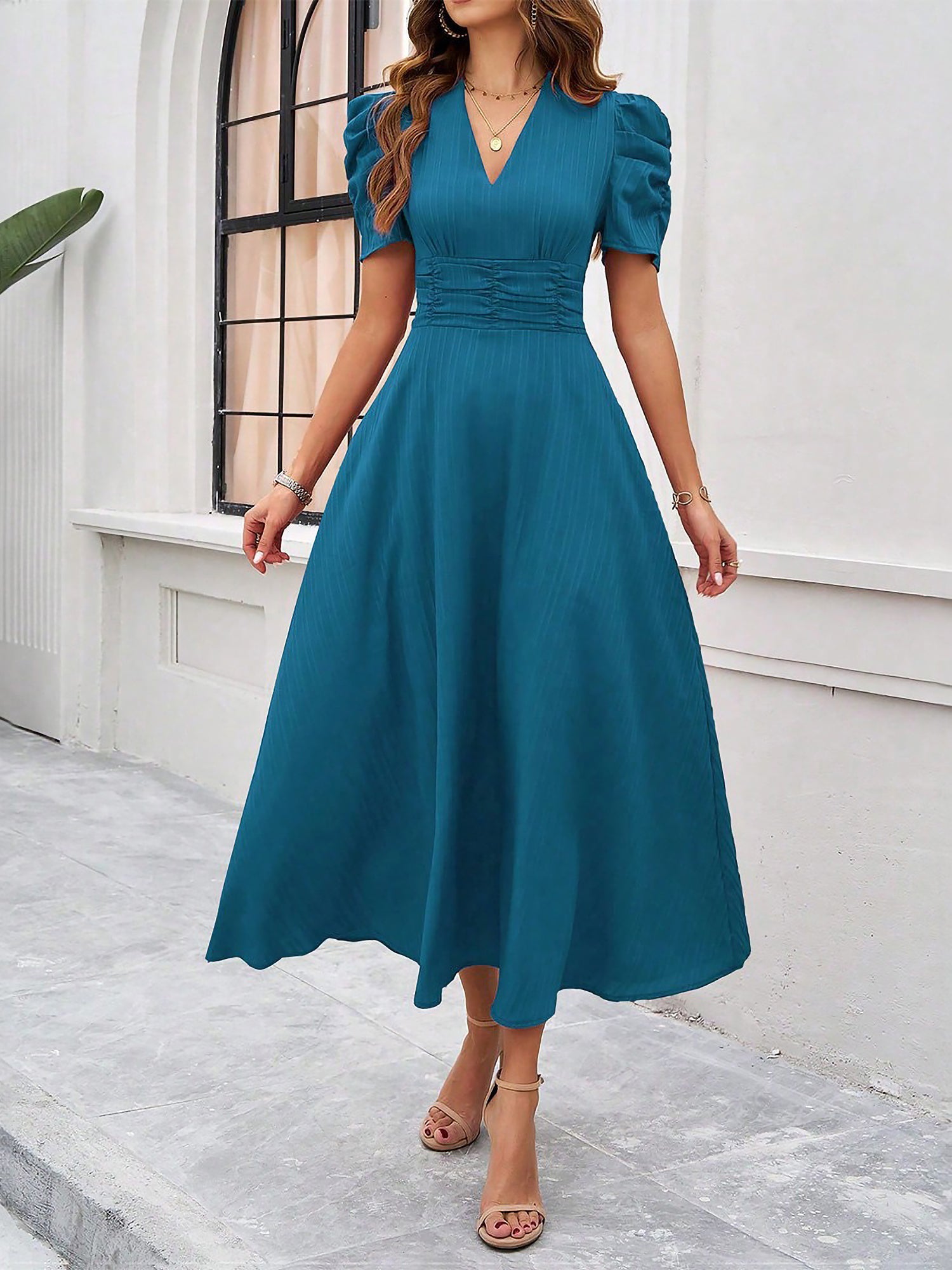 Textured Puff Short Sleeve Ruched Midi A-Line Dress
