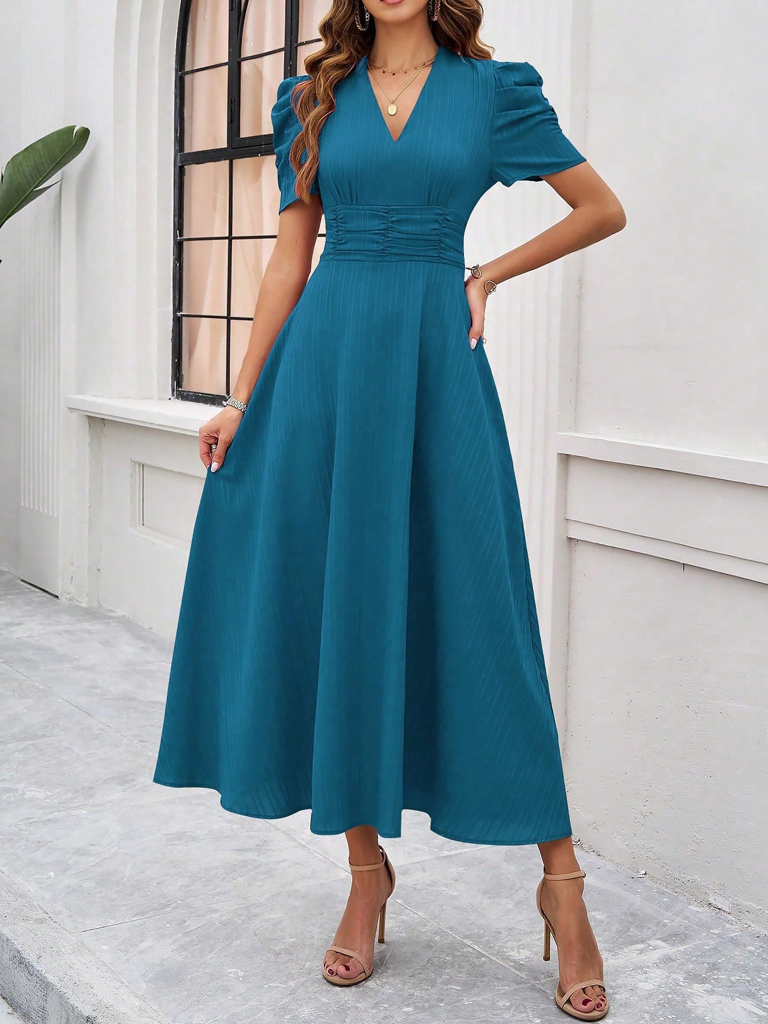Textured Puff Short Sleeve Ruched Midi A-Line Dress