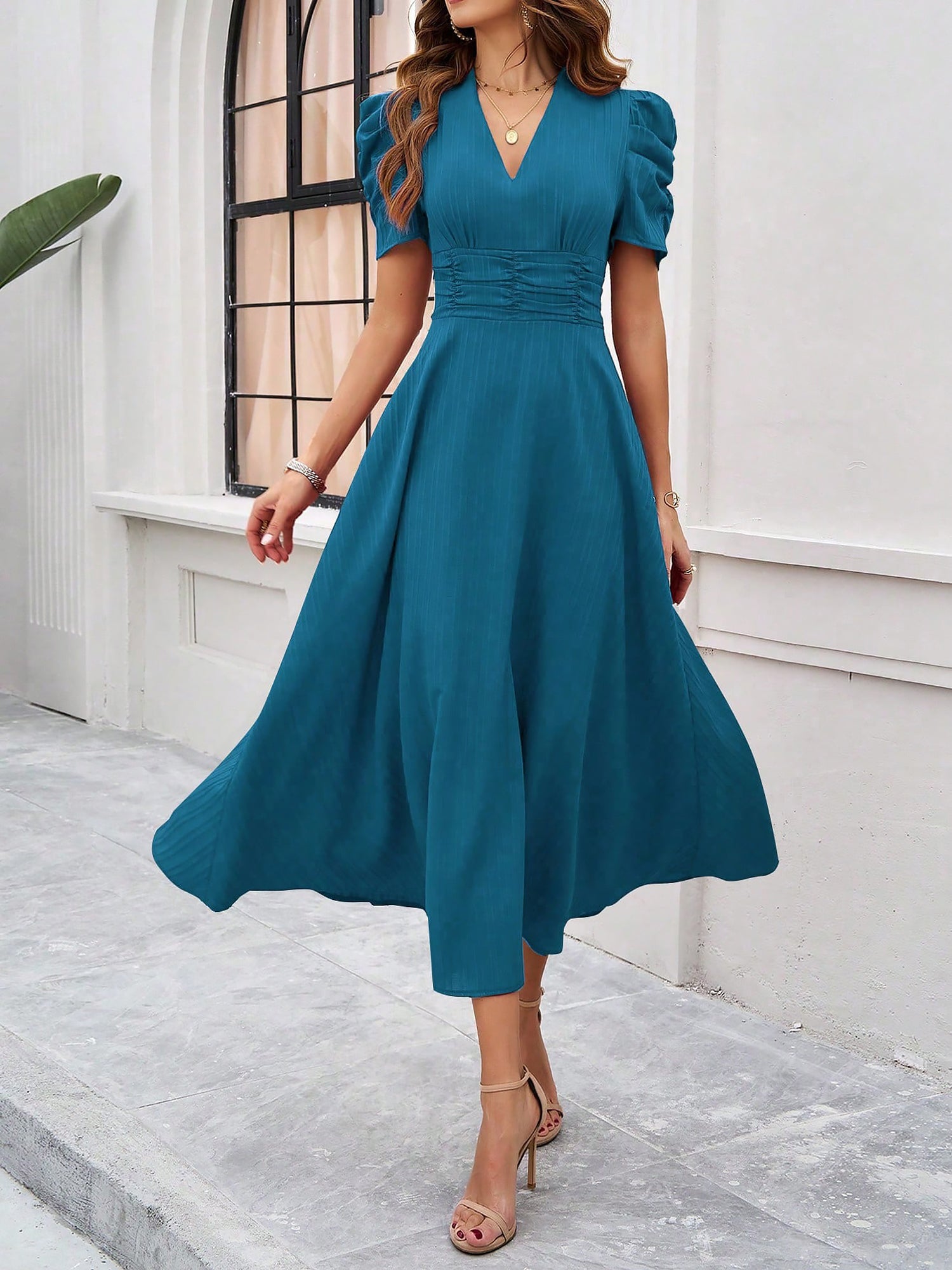 Textured Puff Short Sleeve Ruched Midi A-Line Dress