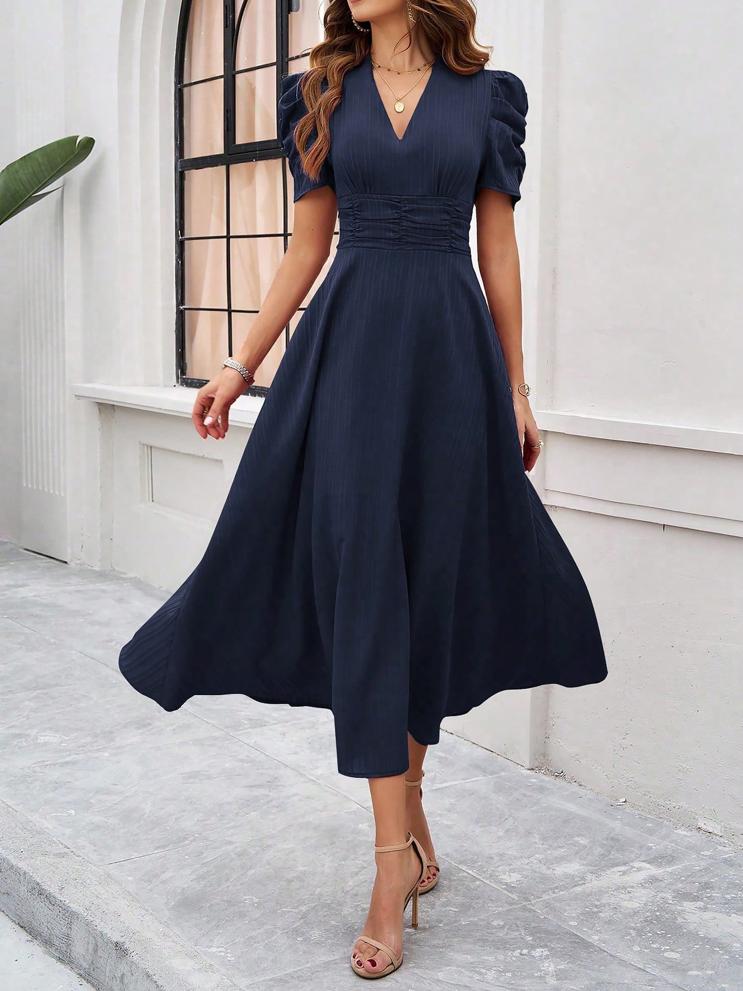 Textured Puff Short Sleeve Ruched Midi A-Line Dress