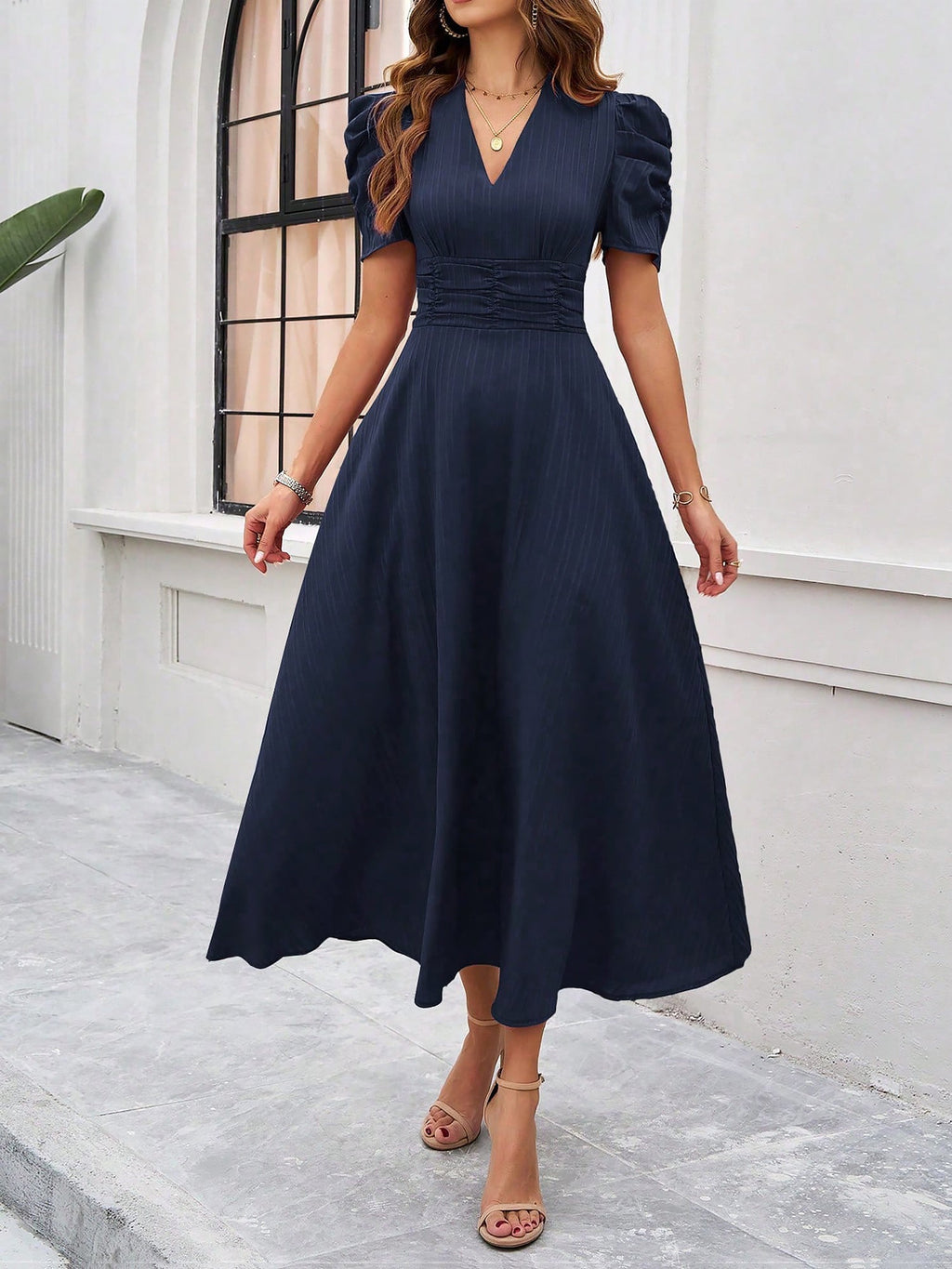 Textured Puff Short Sleeve Ruched Midi A-Line Dress