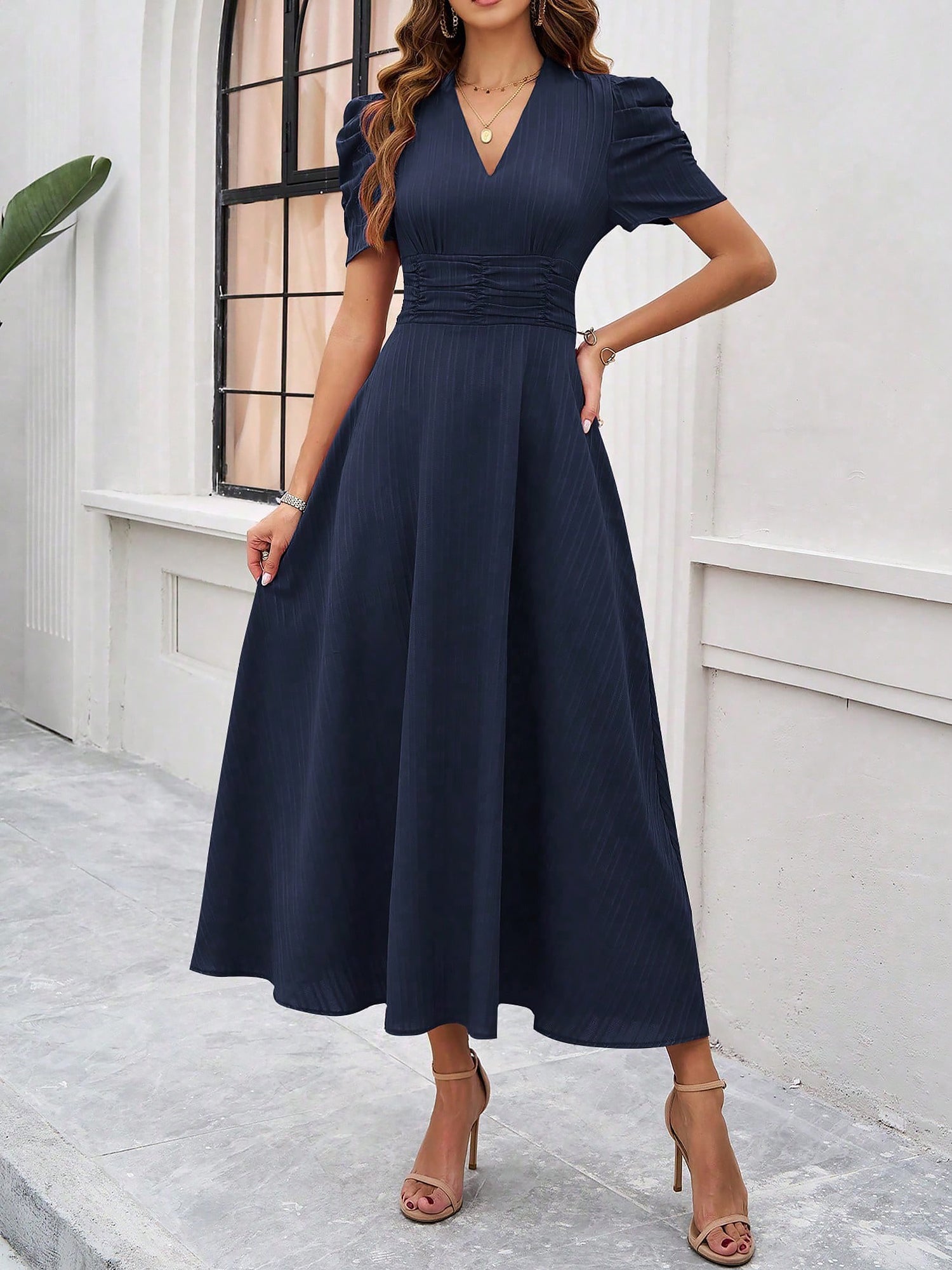 Textured Puff Short Sleeve Ruched Midi A-Line Dress