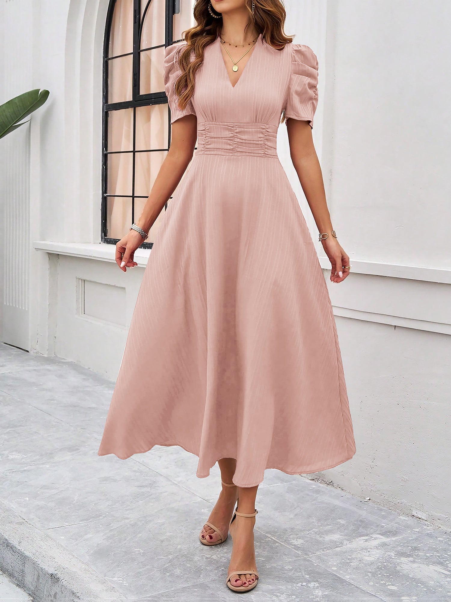 Textured Puff Short Sleeve Ruched Midi A-Line Dress
