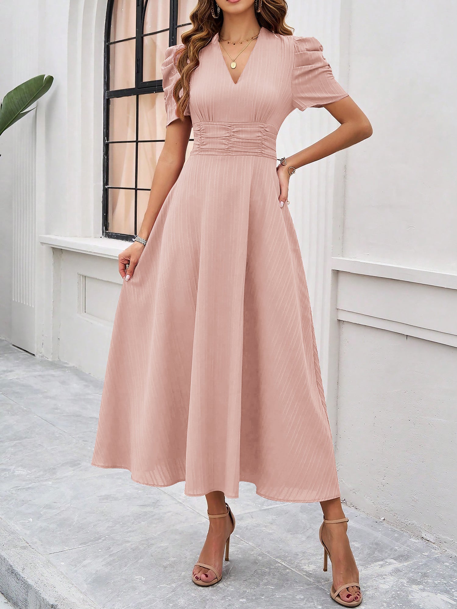 Textured Puff Short Sleeve Ruched Midi A-Line Dress