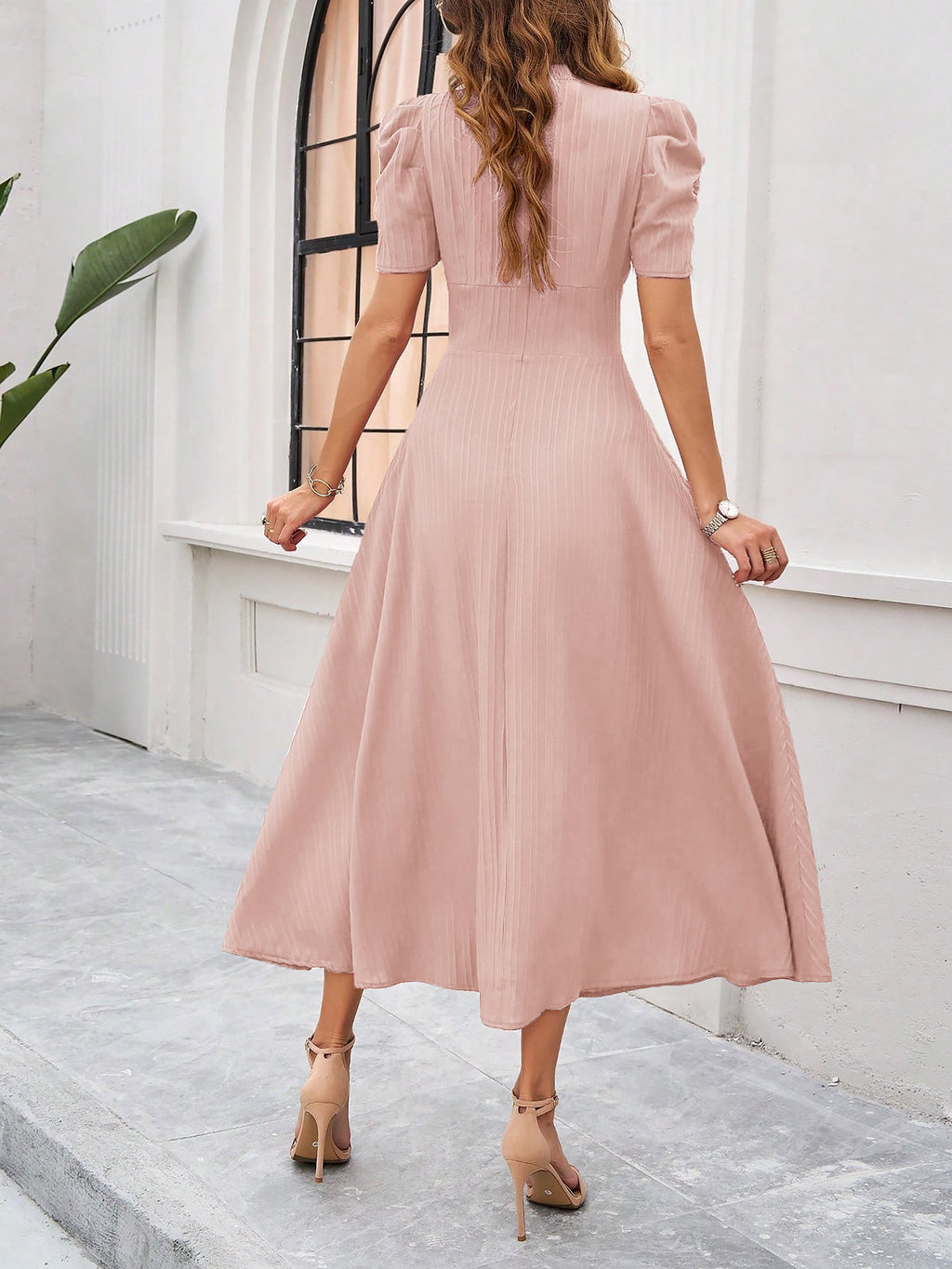 Textured Puff Short Sleeve Ruched Midi A-Line Dress