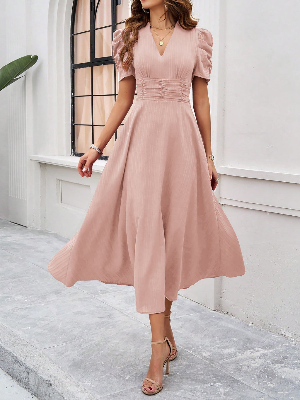 Textured Puff Short Sleeve Ruched Midi A-Line Dress