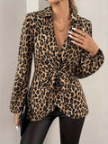 Leopard Print Wrap Blouse with Tie Waist Office to Evening Long Sleeves Top
