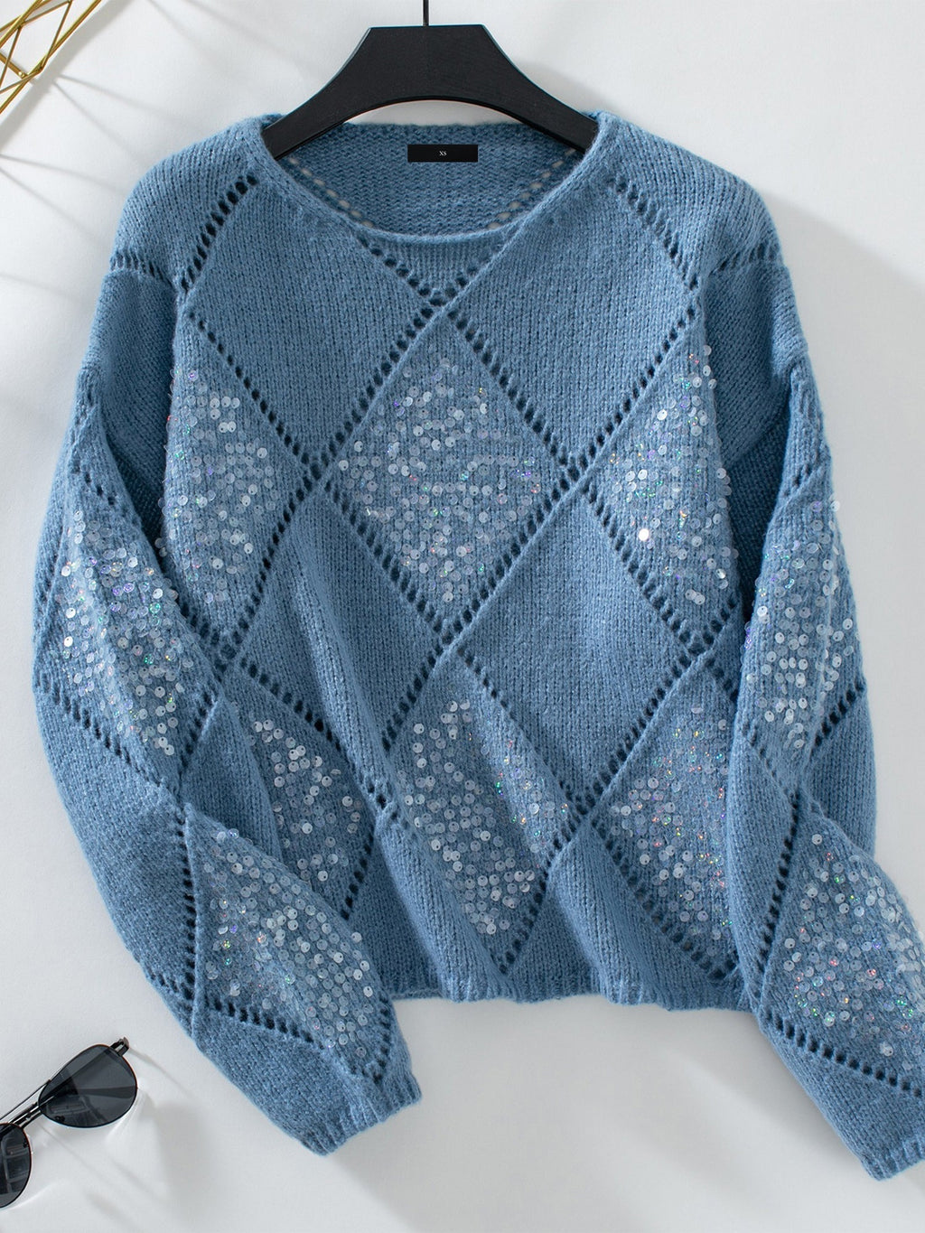 Blue Sequin Diamond Knit Jumper