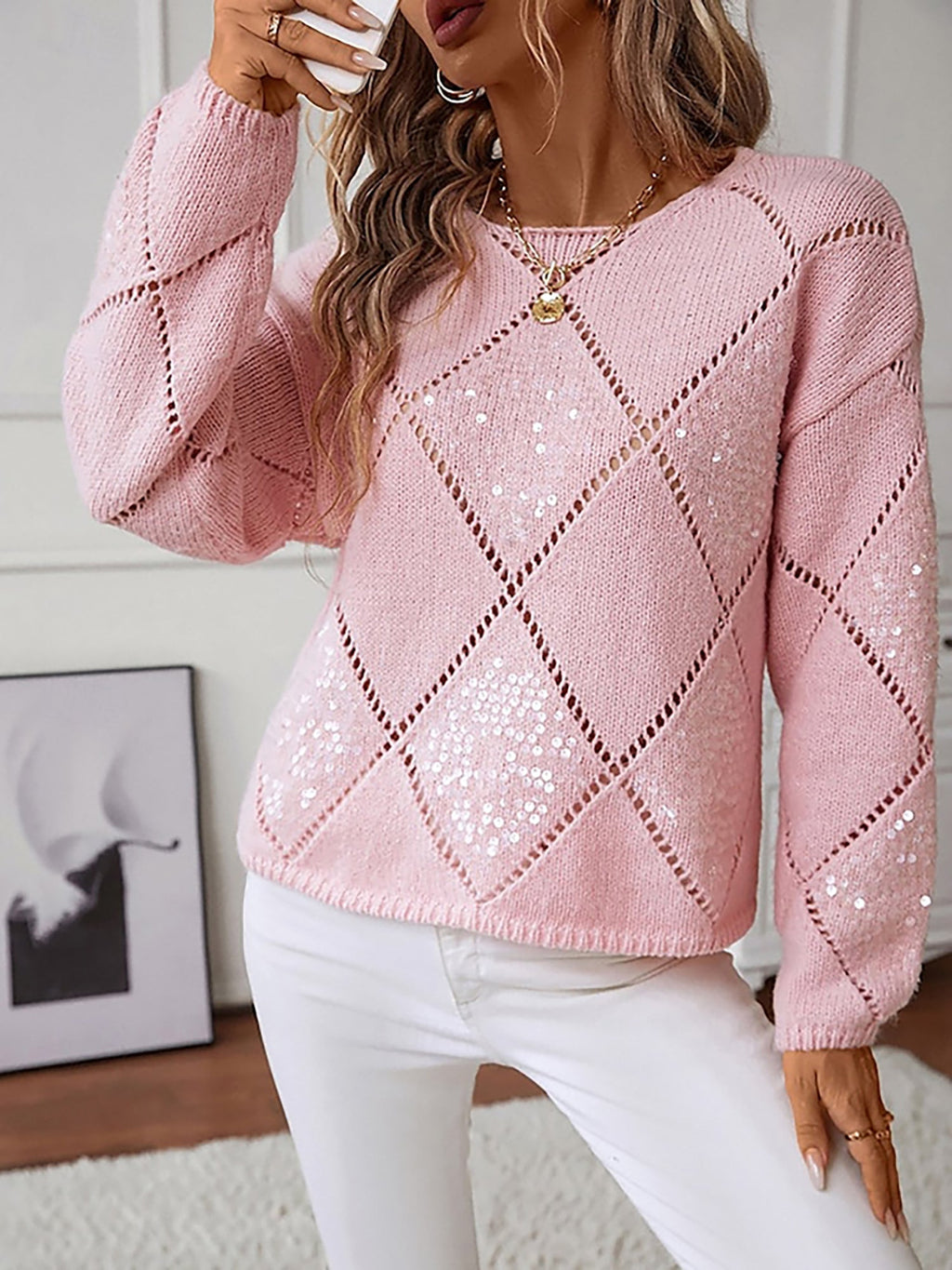 Blue Sequin Diamond Knit Jumper