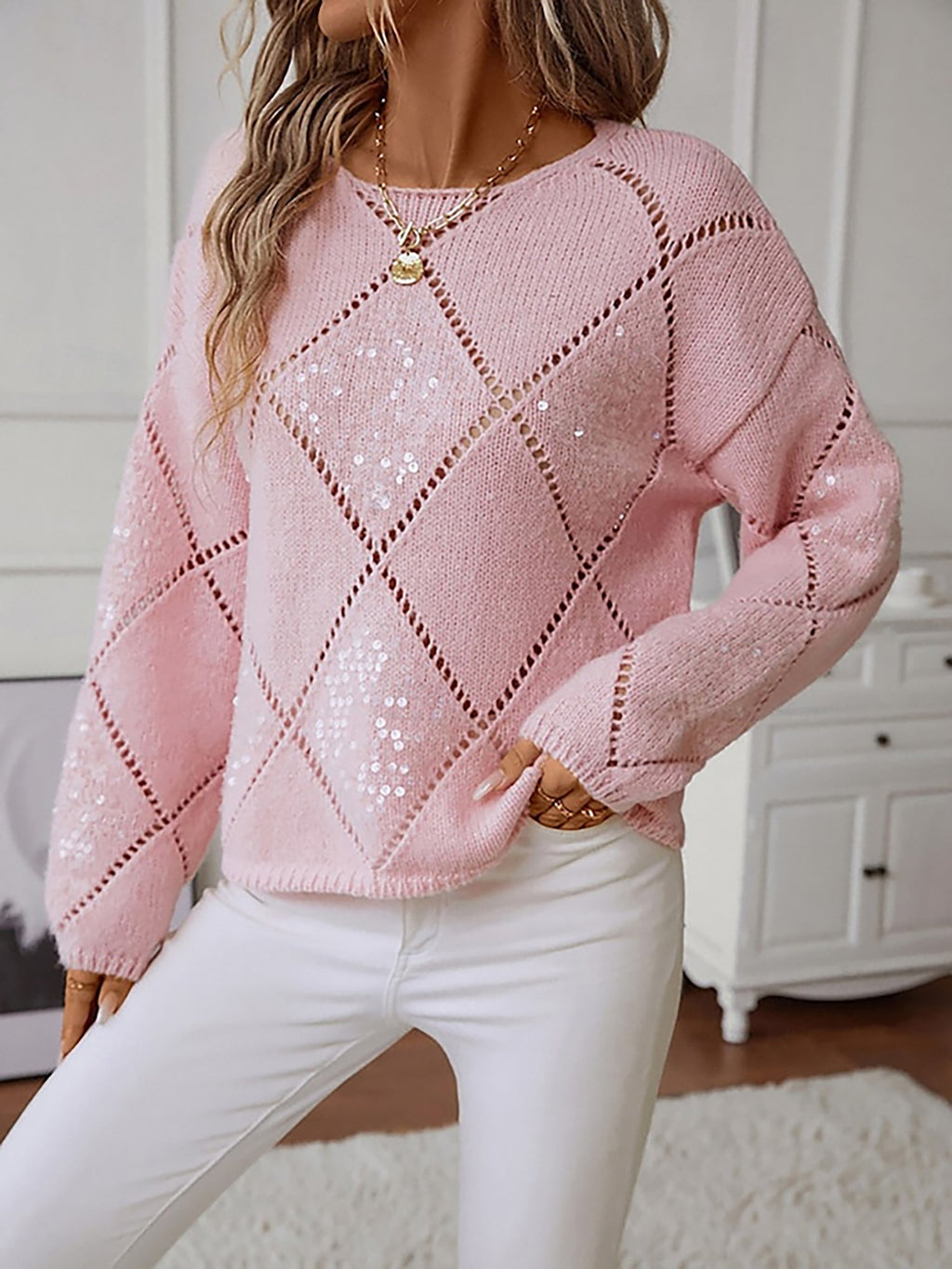 Blue Sequin Diamond Knit Jumper