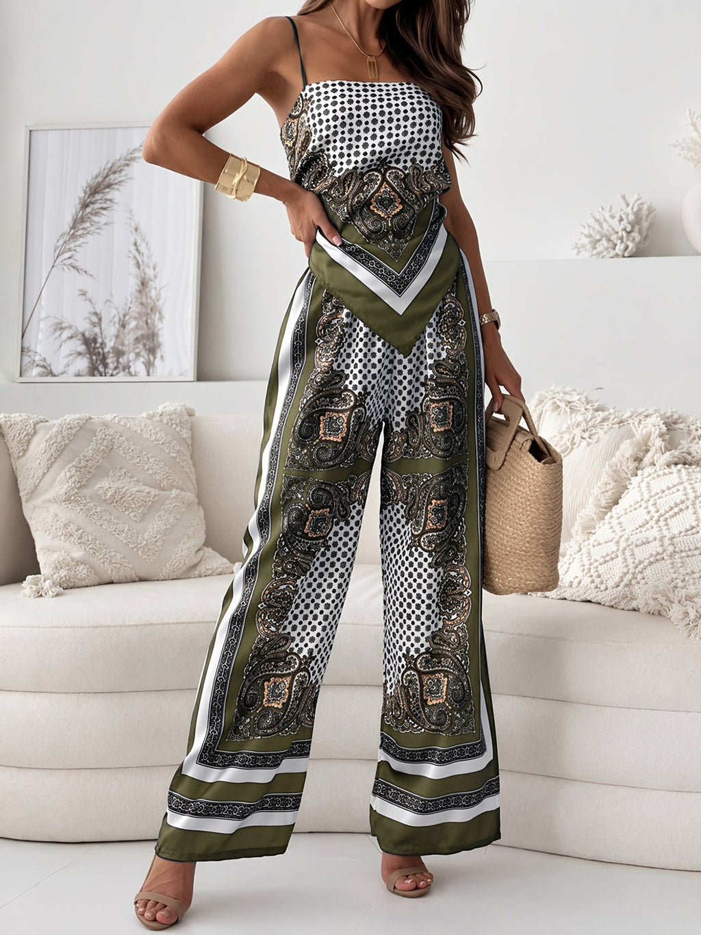 Boho Backless Top & Wide Leg Trousers Pants Resort Matching Set
