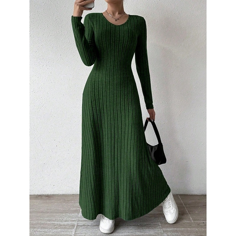 Green Ribbed V-Neck Maxi Dress, front view