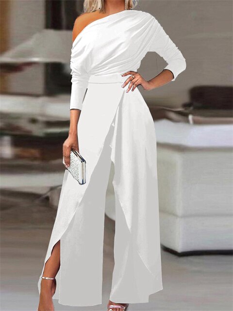 Off-shoulder wide leg jumpsuit in white, front view