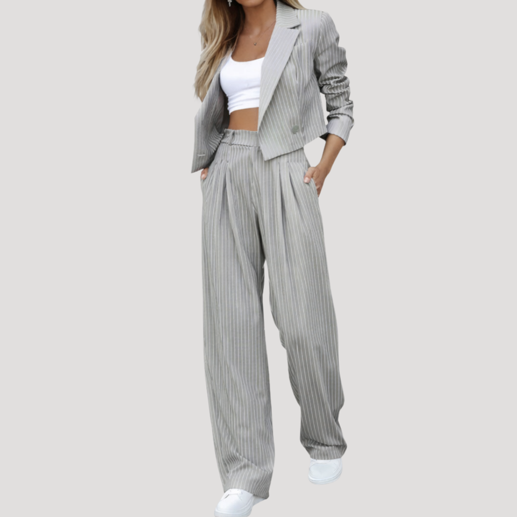 Gray pinstripe blazer co-ord set, front view