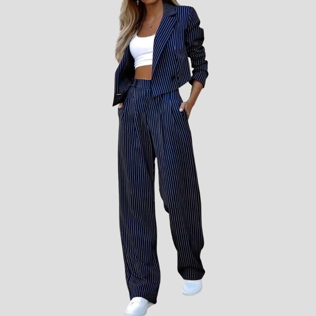 Blue pinstripe blazer co-ord set, front view
