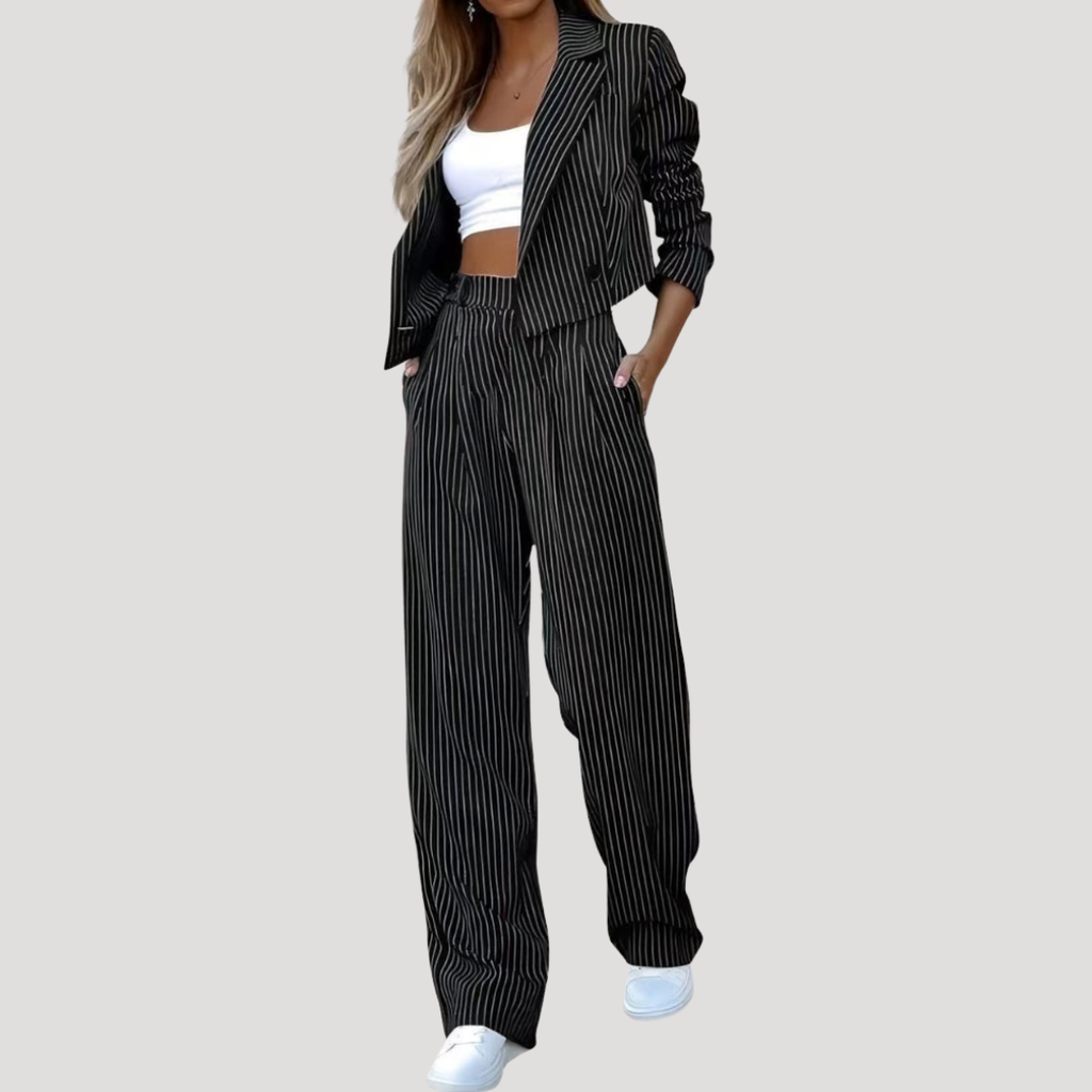Black pinstripe blazer co-ord set, front view