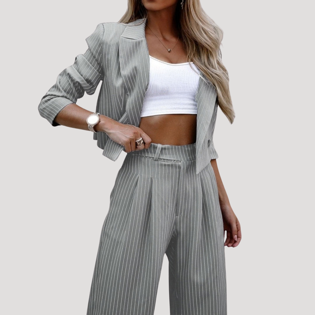 Gray pinstripe blazer co-ord set, front view