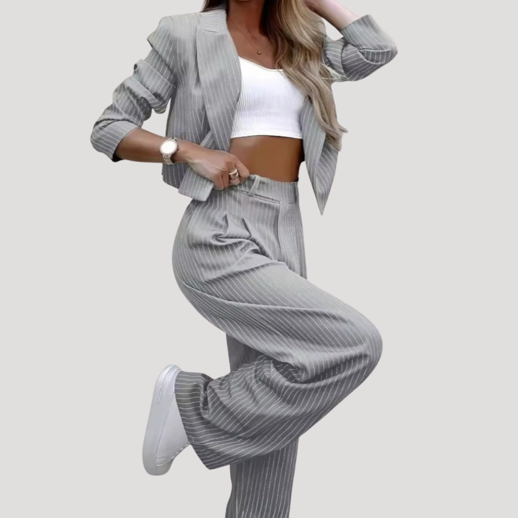 Gray pinstripe blazer co-ord set, front view