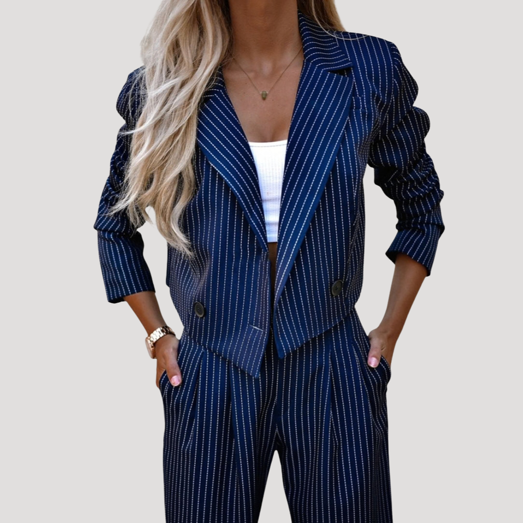 Blue pinstripe blazer co-ord set, front view