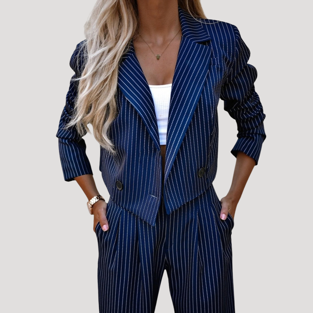 Blue pinstripe blazer co-ord set, front view