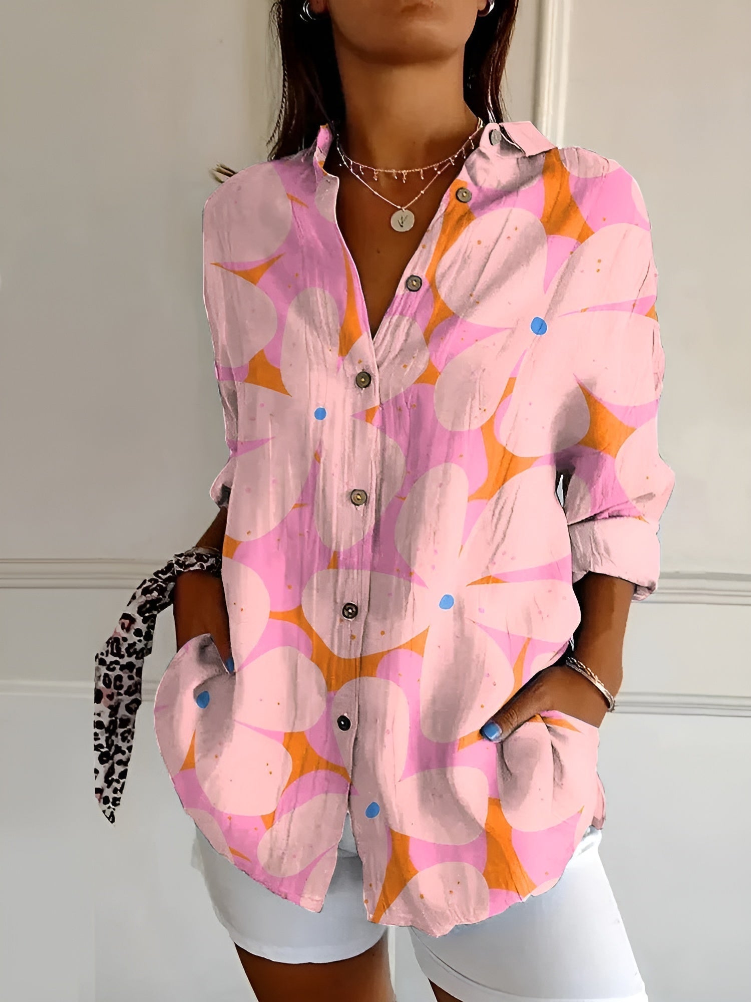 Women's printed blouse styled with jeans casual look