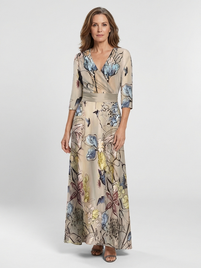 Margaret floral wrap maxi dress front view three-quarter sleeve