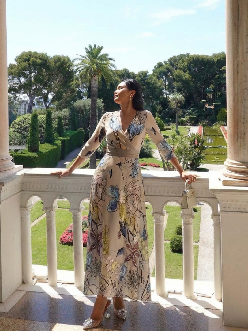 Floral wrap dress lifestyle shot garden party style