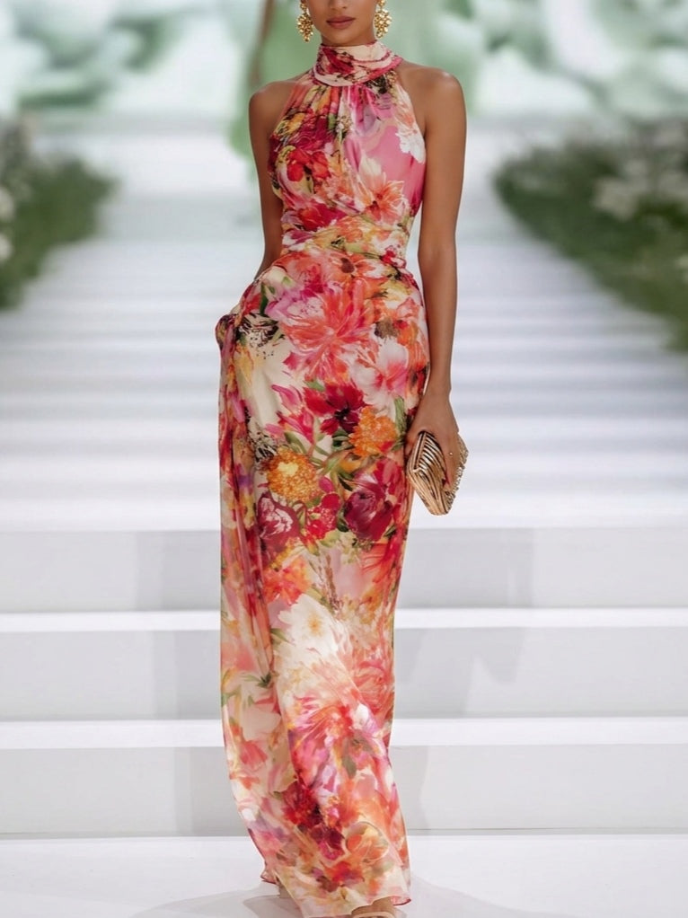 Red floral print wedding guest maxi dress with halter neckline, front view, full length