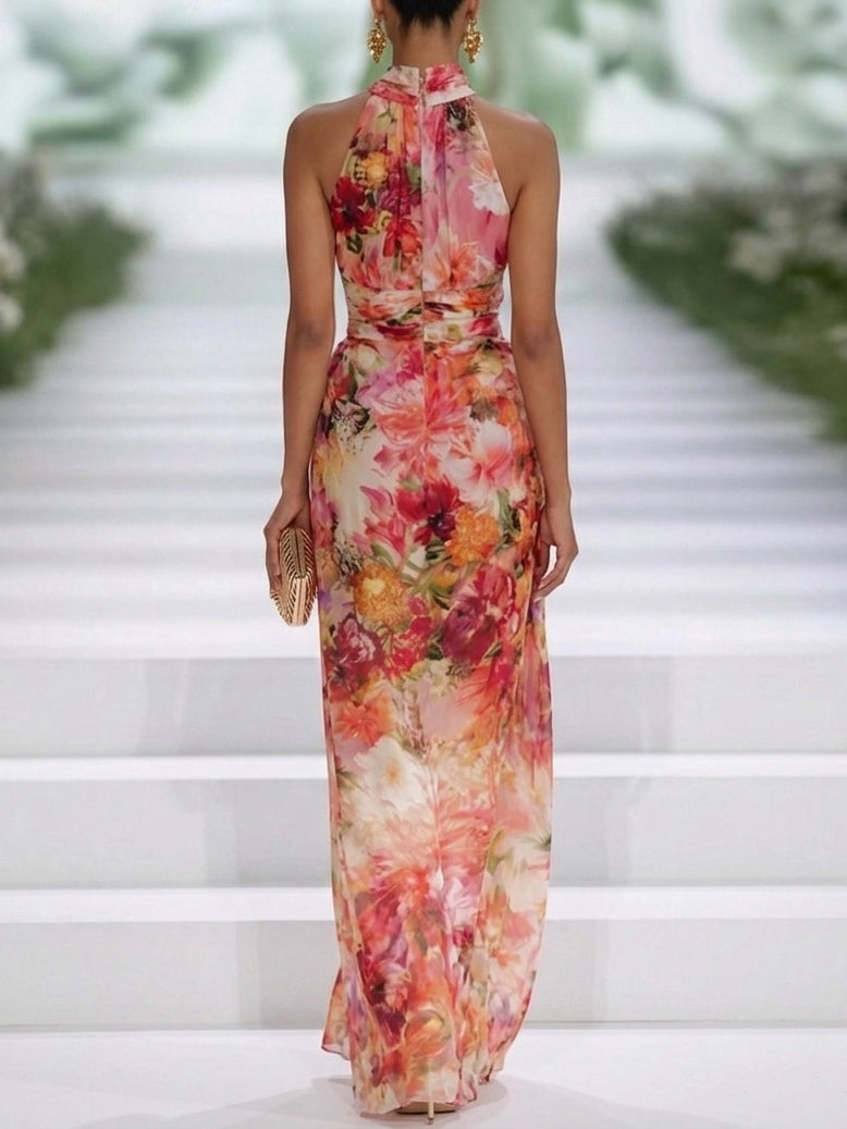 Red floral print wedding guest maxi dress, back view showing halter neck tie closure