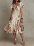 Vintage satin midi dress with wrap V-neck in ivory, front view