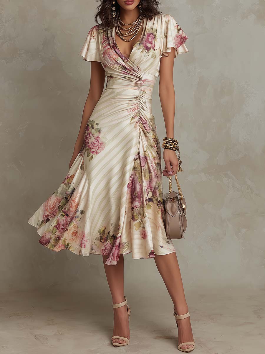 Vintage satin midi dress with wrap V-neck in ivory, front view