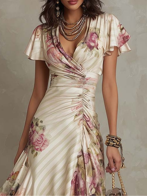 Vintage satin midi dress, wrap V-neck and ruching detail