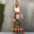 Women's Floral High Waist Boho Vintage Maxi Skirt front view - 70s Inspired Flowy Skirt