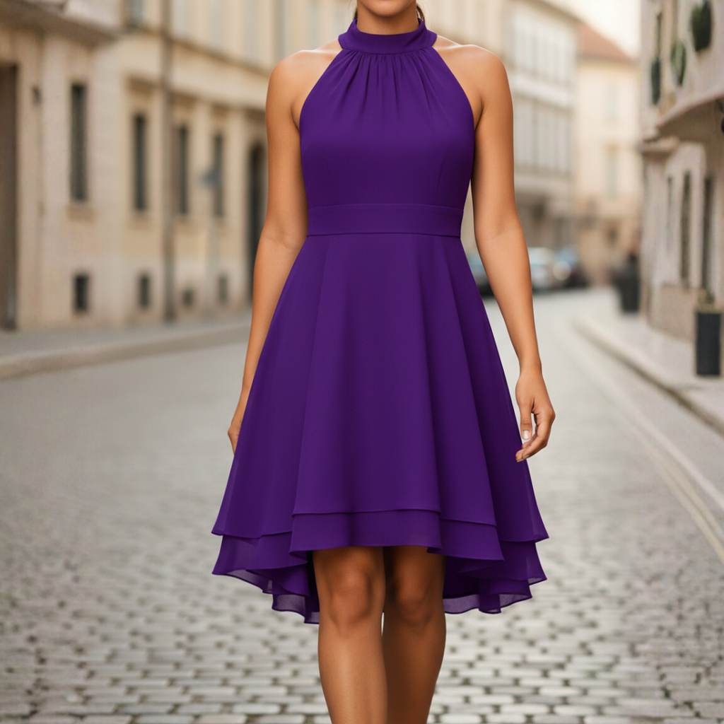 Halter neck layered skirt dress in green, alternative colour front view