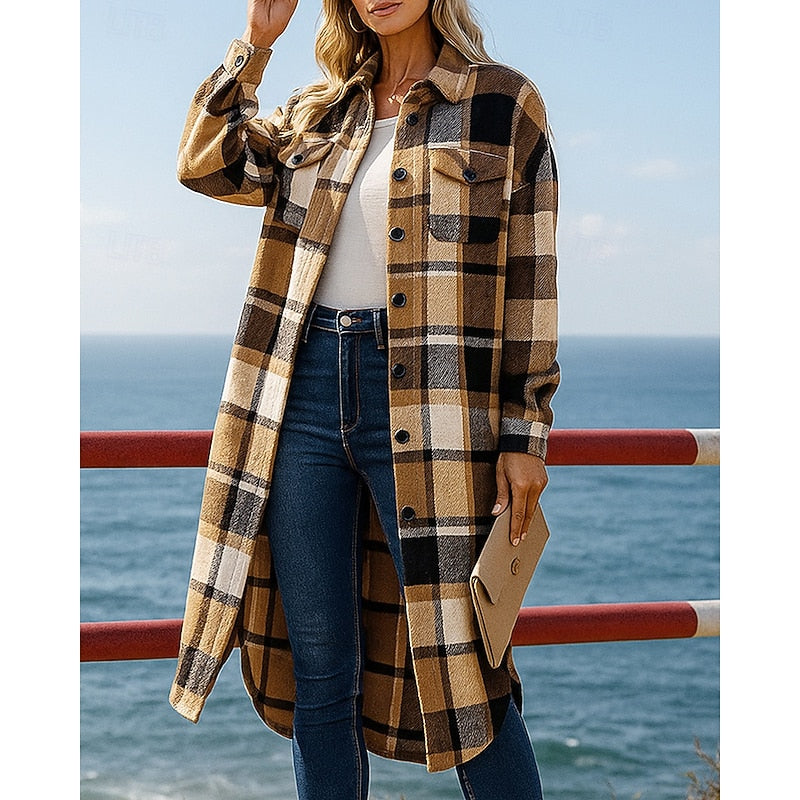 Khaki checked longline coat, front view, worn open over white top and jeans