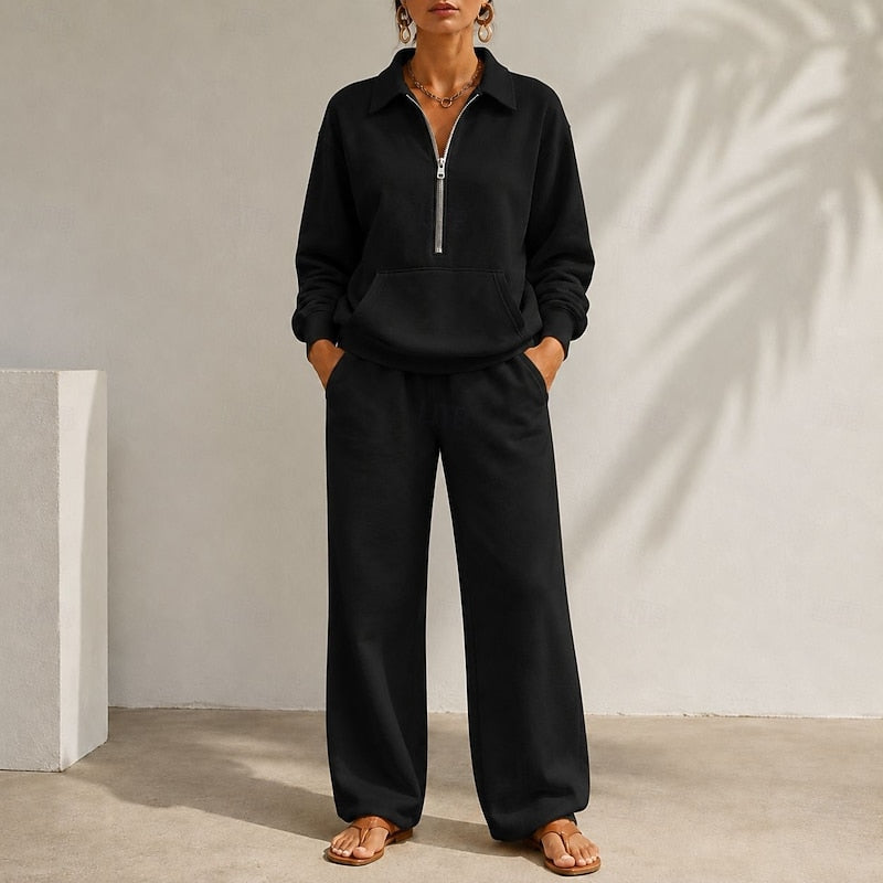 Black relaxed zip-collar Co-Ord Set