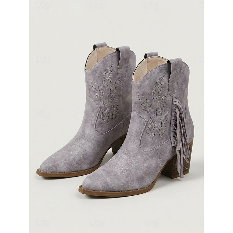 Tasseled Western Ankle Boots with Block Heel