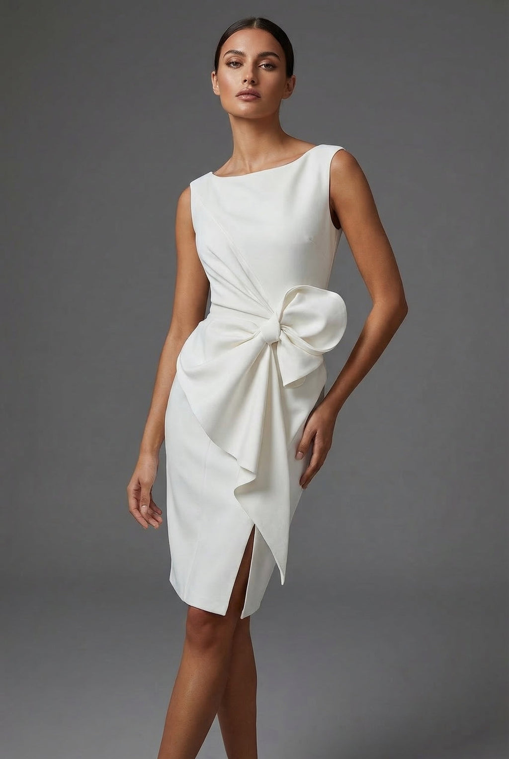 Women's bow waist cocktail dress in white – sleeveless pencil wedding guest