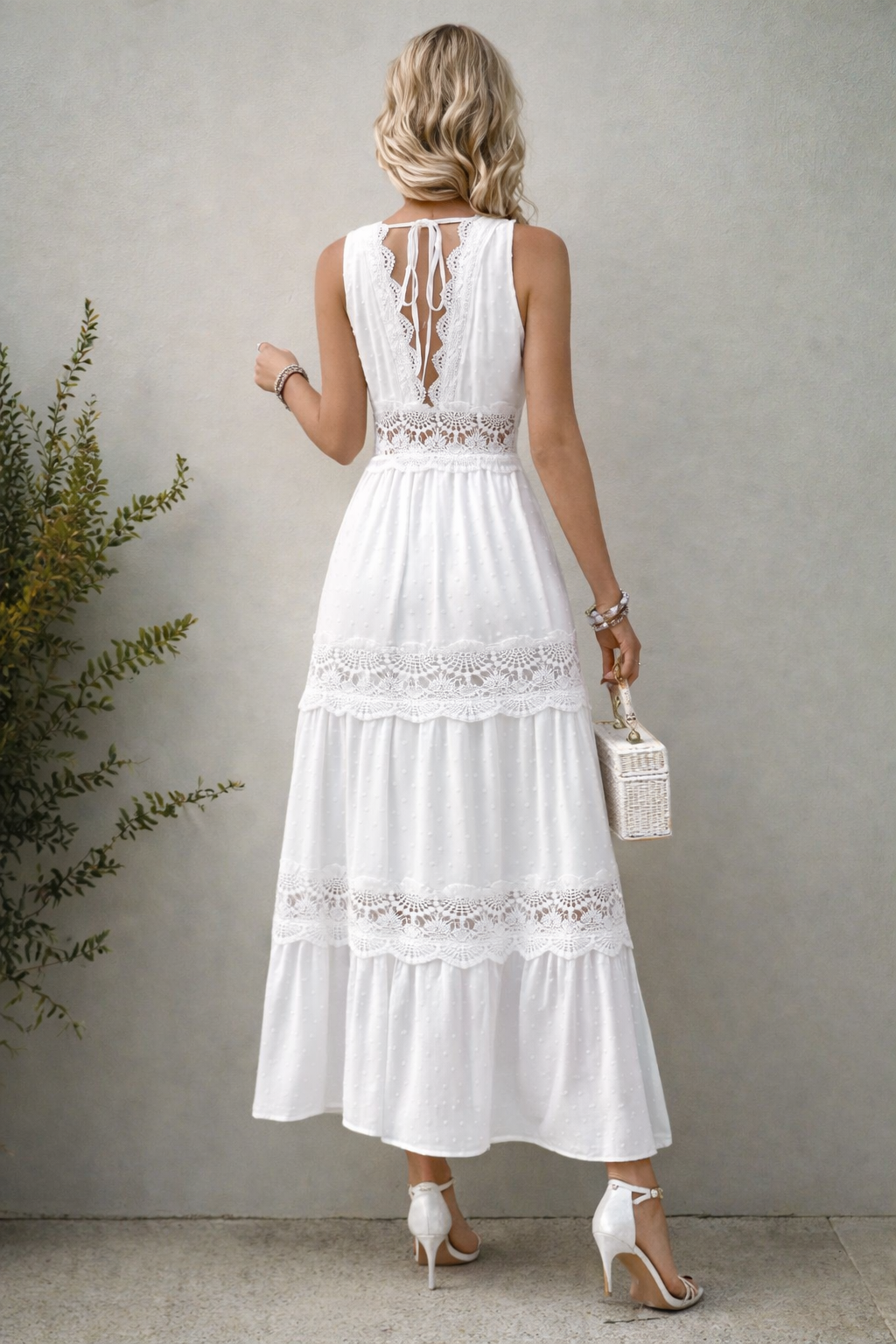 Women's White Lace Boho V-Neck Maxi Dress side view - Elegant Summer Boho Maxi Dress