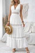 Women's White Lace Boho V-Neck Maxi Dress front view - Elegant Summer Boho Maxi Dress