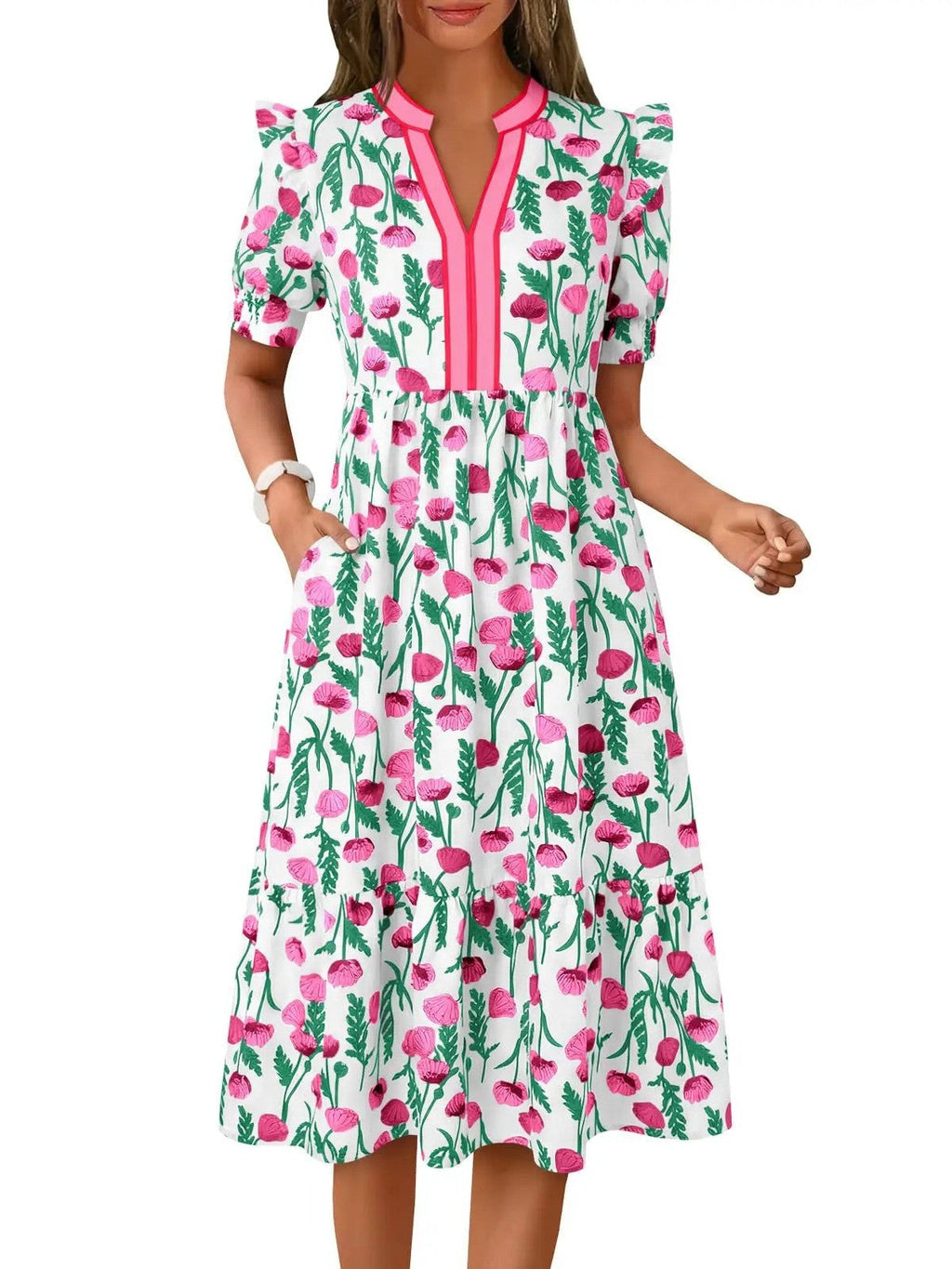 Floral puff sleeve midi dress casual styling