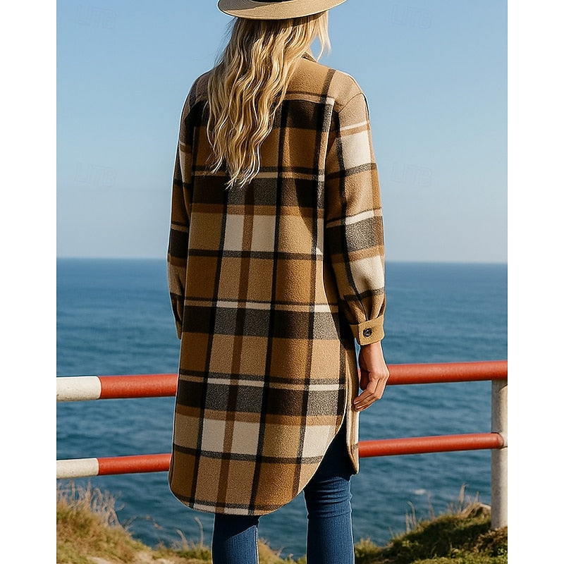 Khaki checked longline coat, back view showing full length