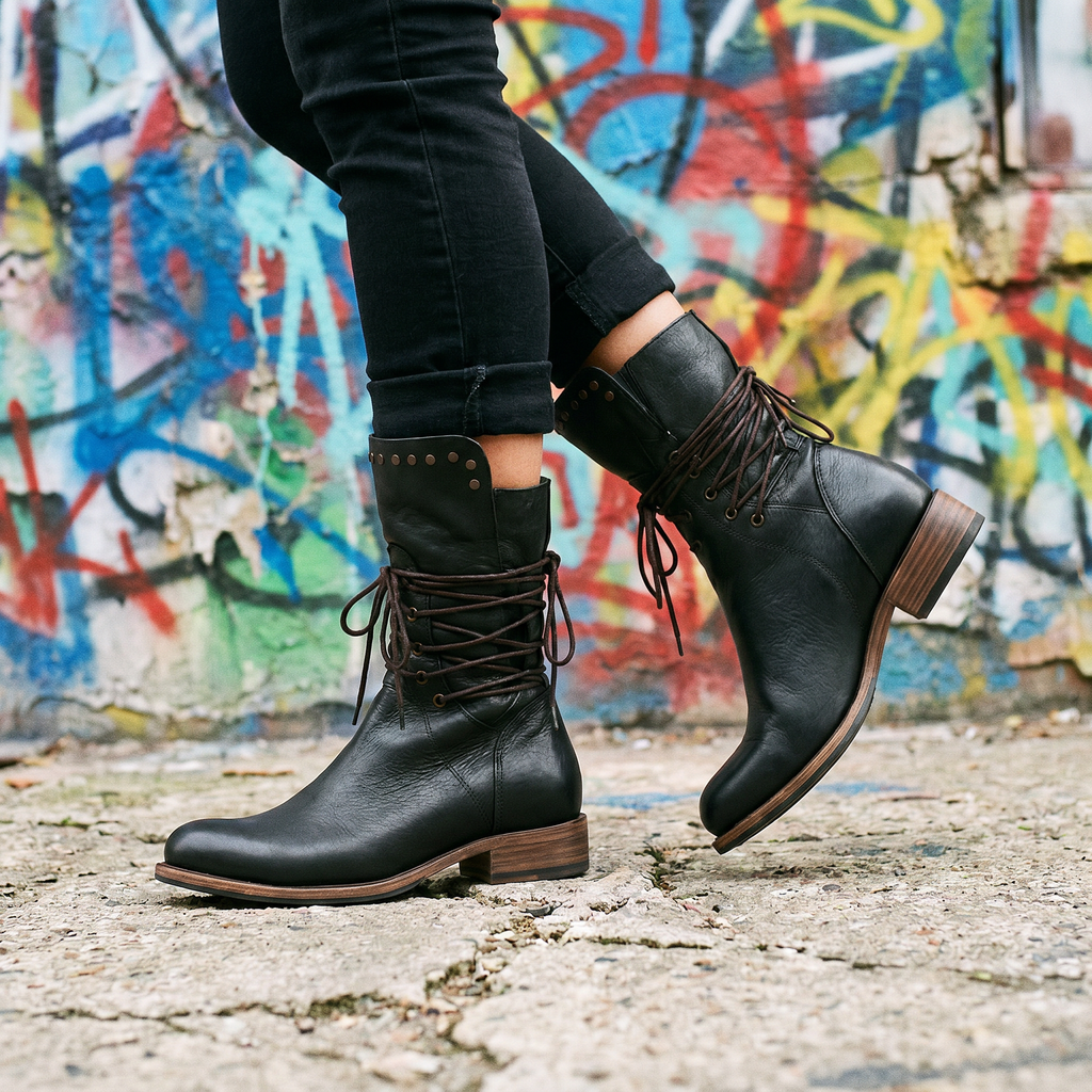 Lace-Up Mid-Calf Studded Boots