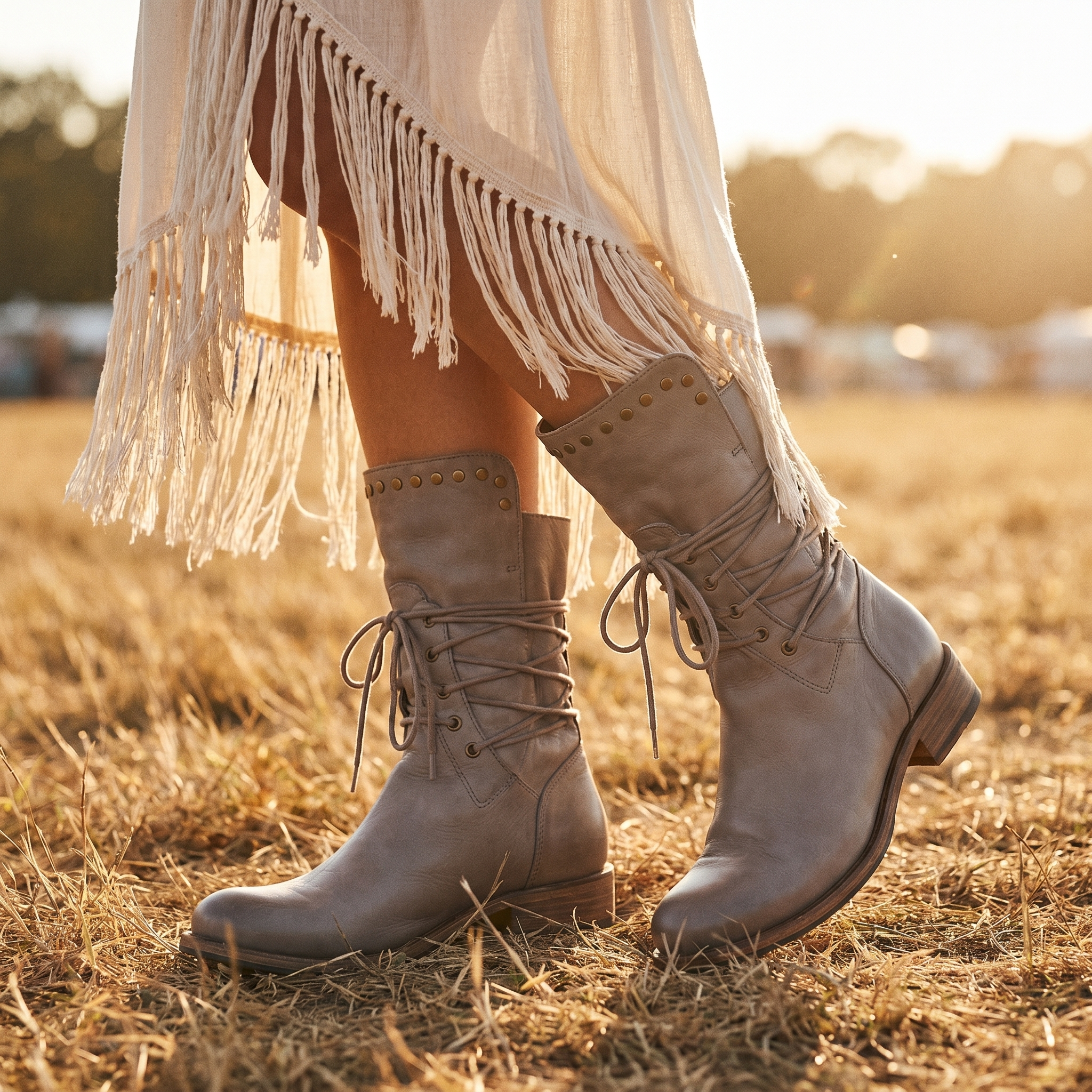 Lace-Up Mid-Calf Studded Boots