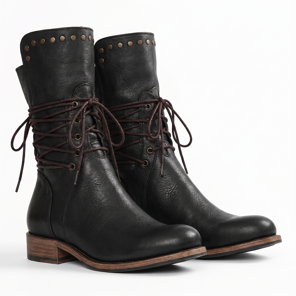 Brown Lace-Up Studded Mid-Calf Boots | Alba Muse