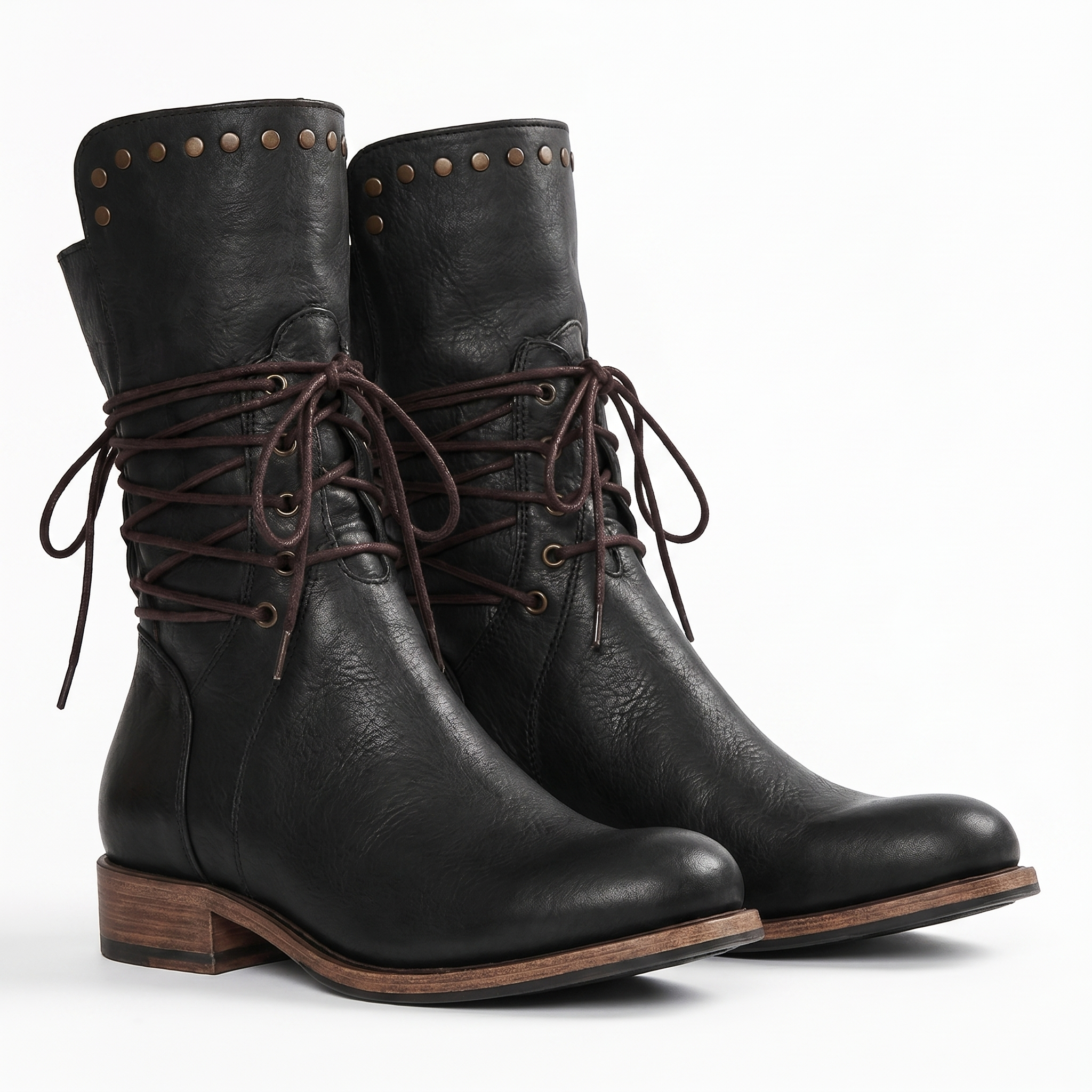 Brown Lace-Up Studded Mid-Calf Boots | Alba Muse