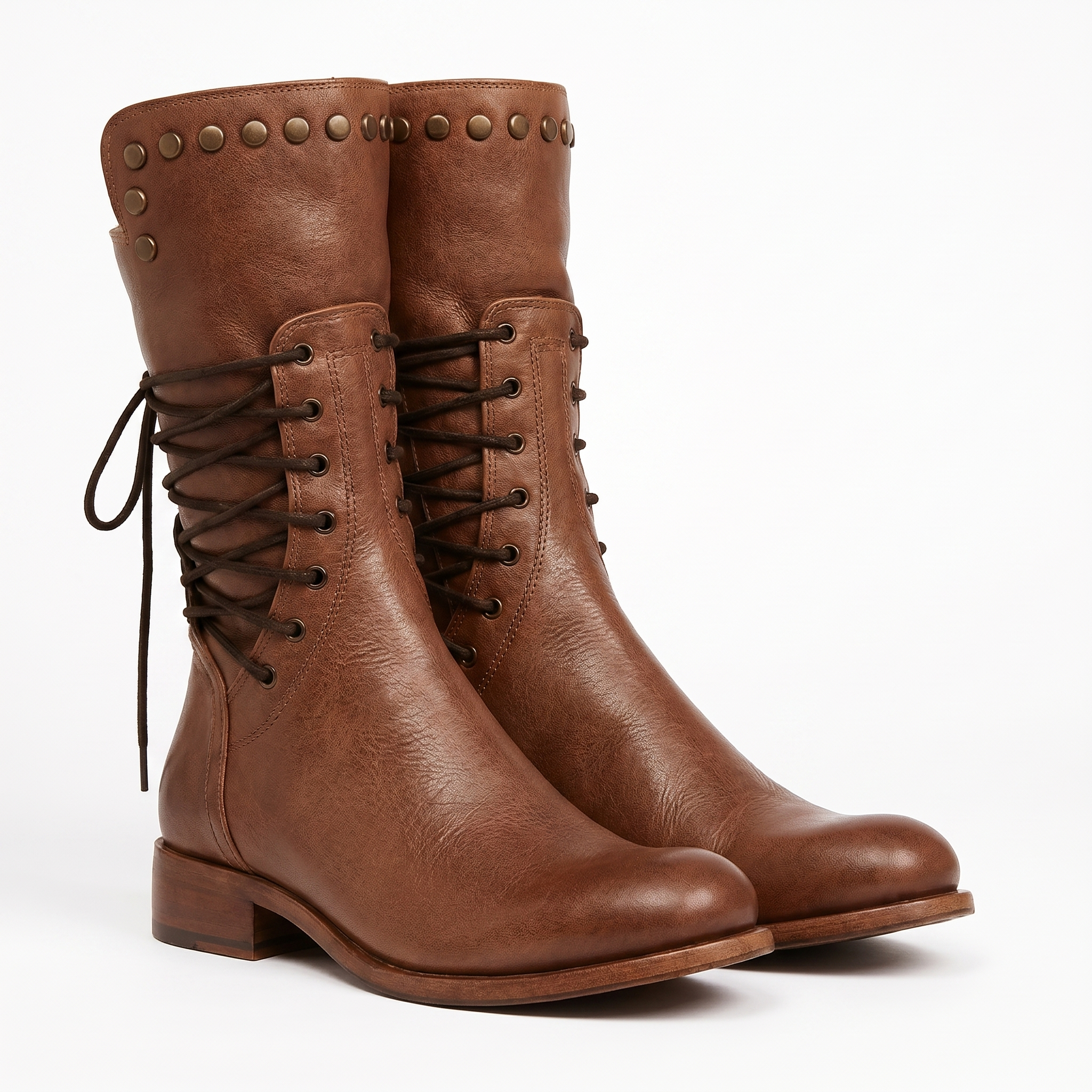 Studded Lace-Up Mid-Calf Boots Faux Leather | Alba Muse