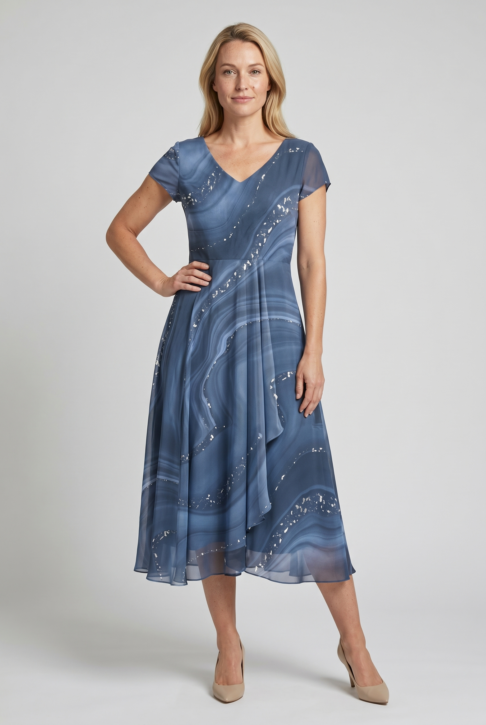 Abstract Print Midi Dress V-Neckline Cap Sleeve | Alba Muse