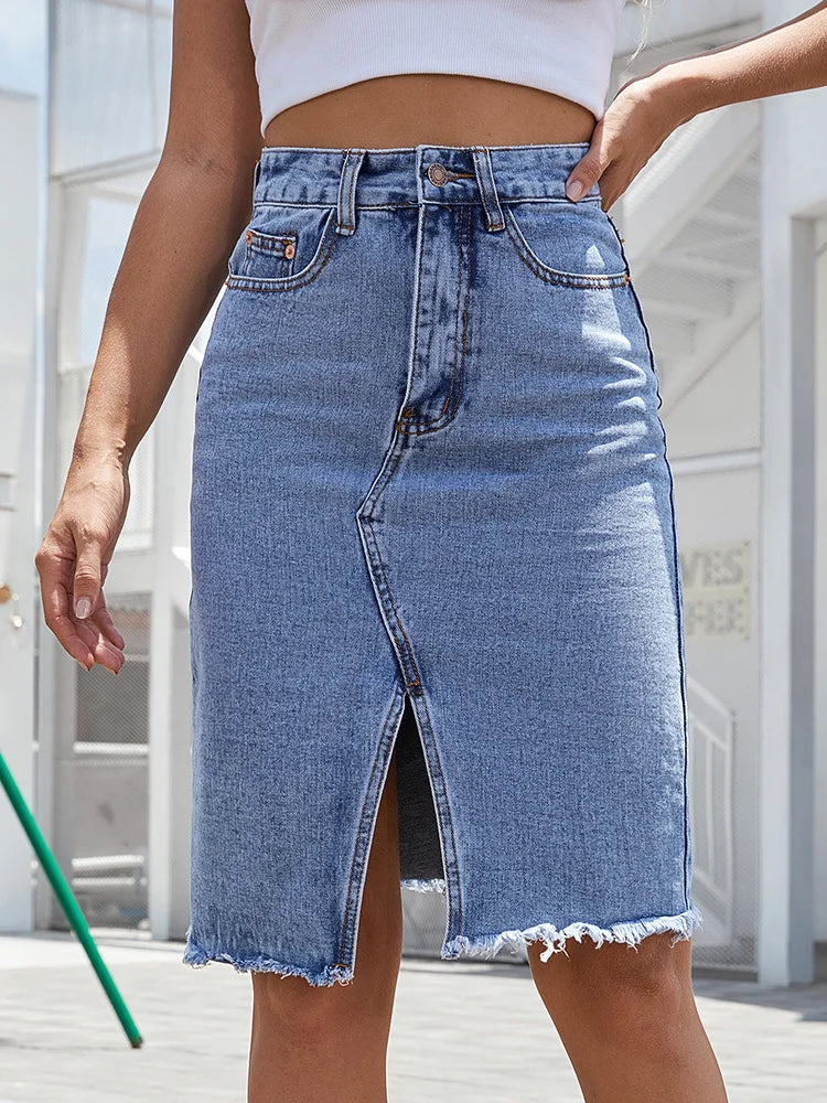 High waist front slit denim midi skirt, full length view