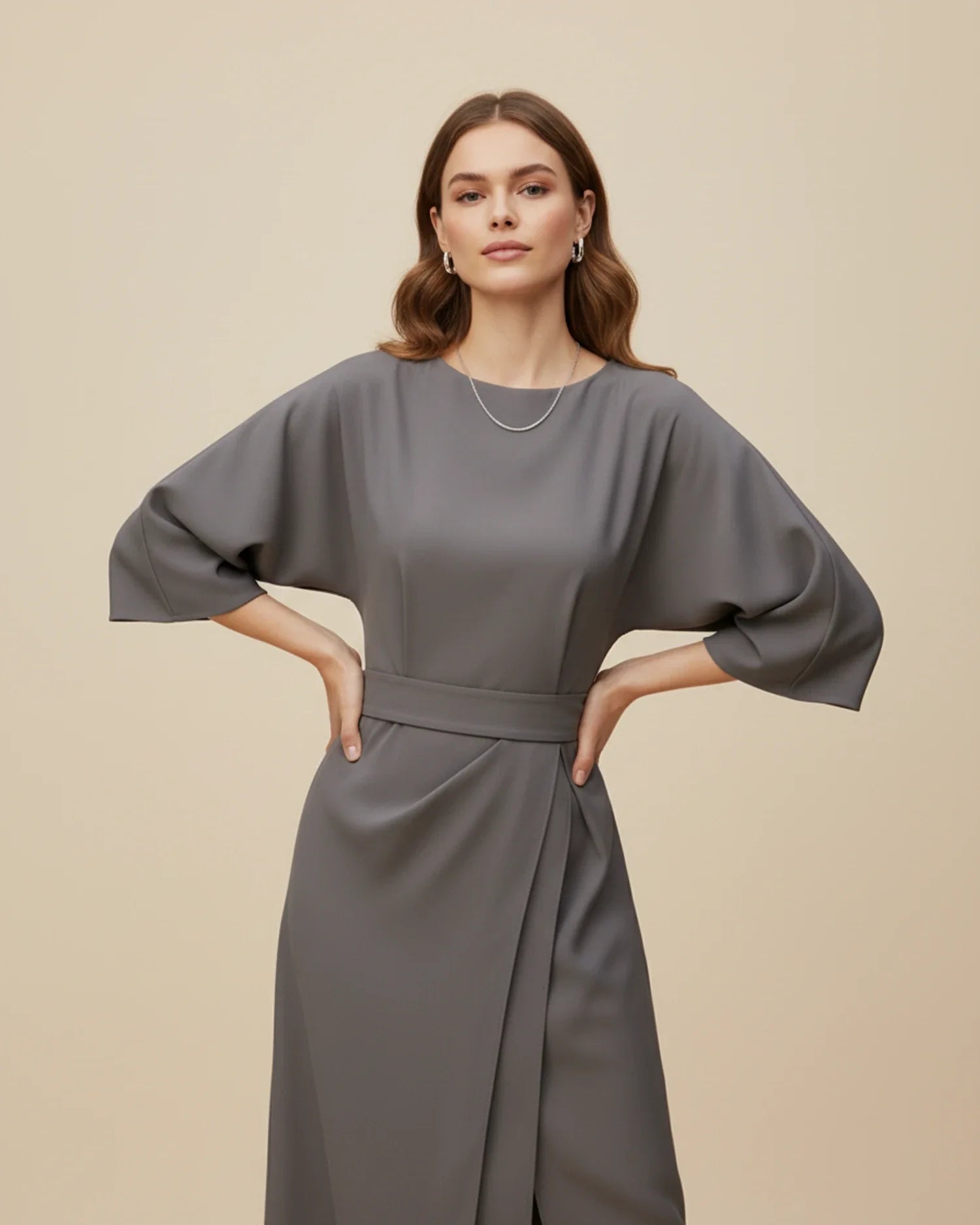 Women's grey lantern sleeve belted wrap midi dress – overlap skirt